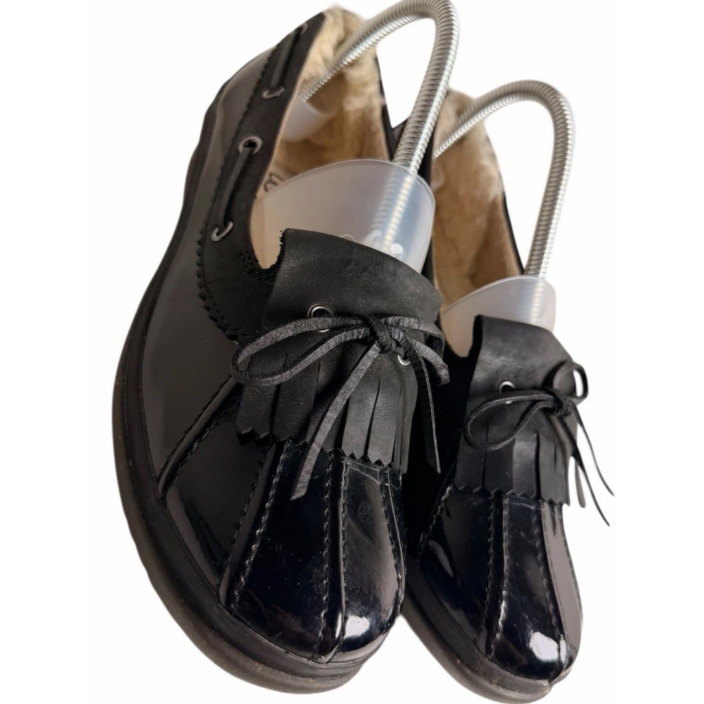 UGG Haylie Duck Shoes Black Patent Leather Suede Kiltie Tassel Loafers Womens 8 - Picture 3 of 11